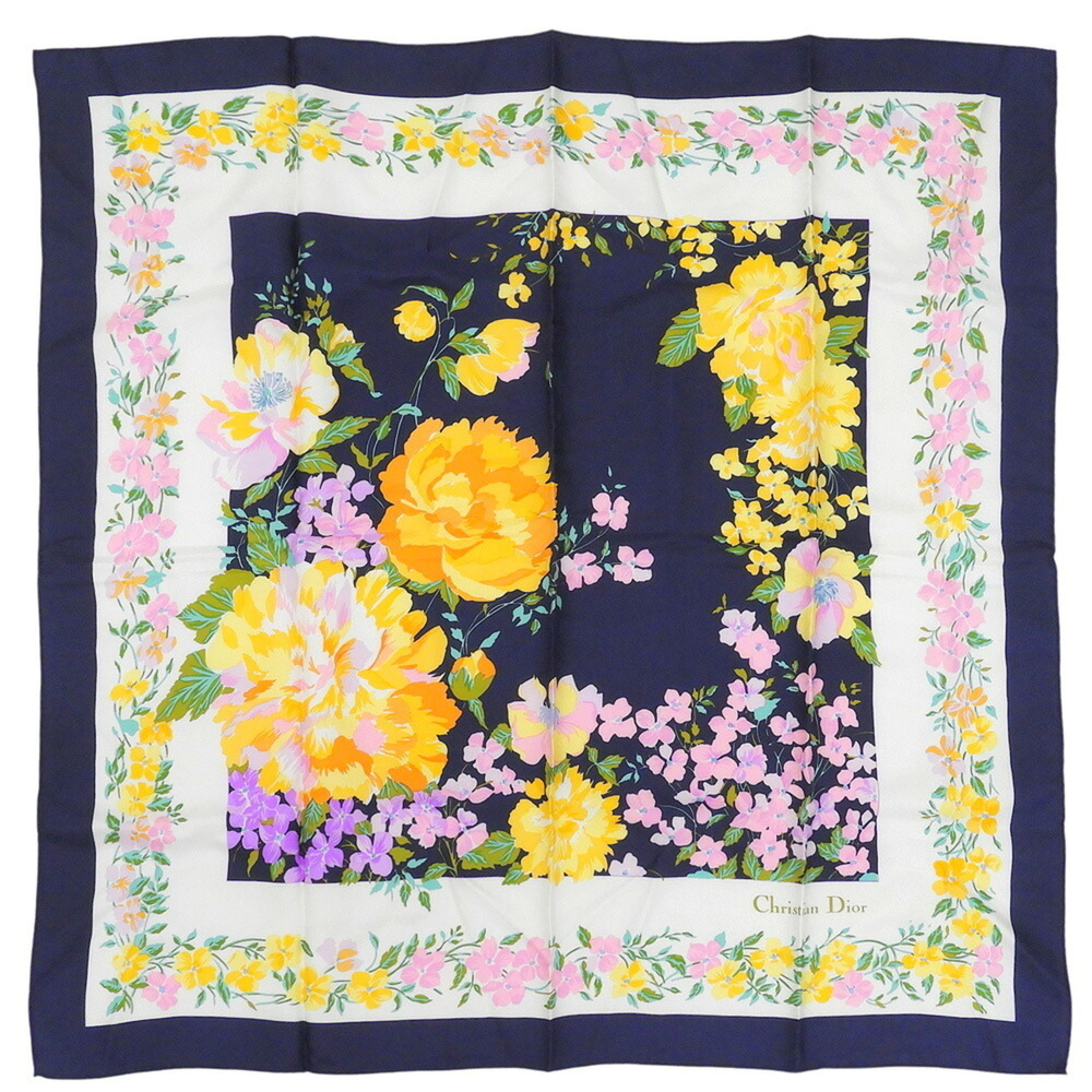 Christian Dior floral motif scarf/muffler in navy and white.